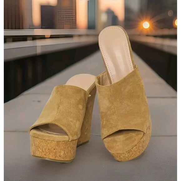 Unbranded Open Toe Beige Faux Suede 5.5" High Platform Cork Wedges Sandals Sz 10 - Picture 3 of 6